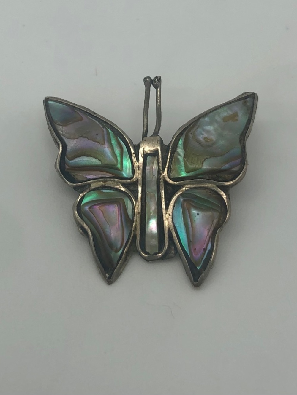 Vintage Alpaca Mexico Silver Tone Butterfly Brooch Iridescent Abalone Wings